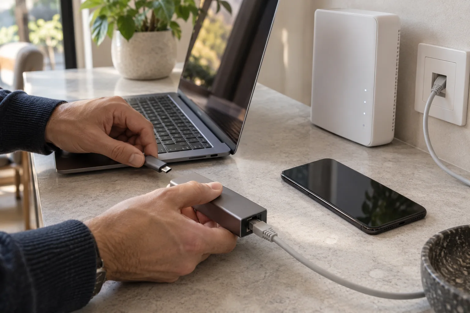 手部将USB-C网络适配器接入笔记本,旁边有手机、网关和以太网接口