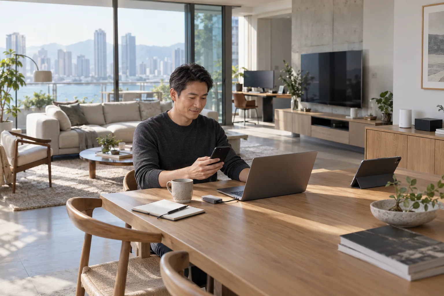 住宅开放式起居与工作空间中成年人使用笔记本和手机,周围有平板、显示设备与家庭网络节点